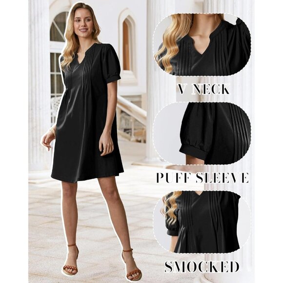 Women’s Summer Dress Polyester Blended Shift V Neck Puff Short Sleeve Casual - Picture 6 of 7